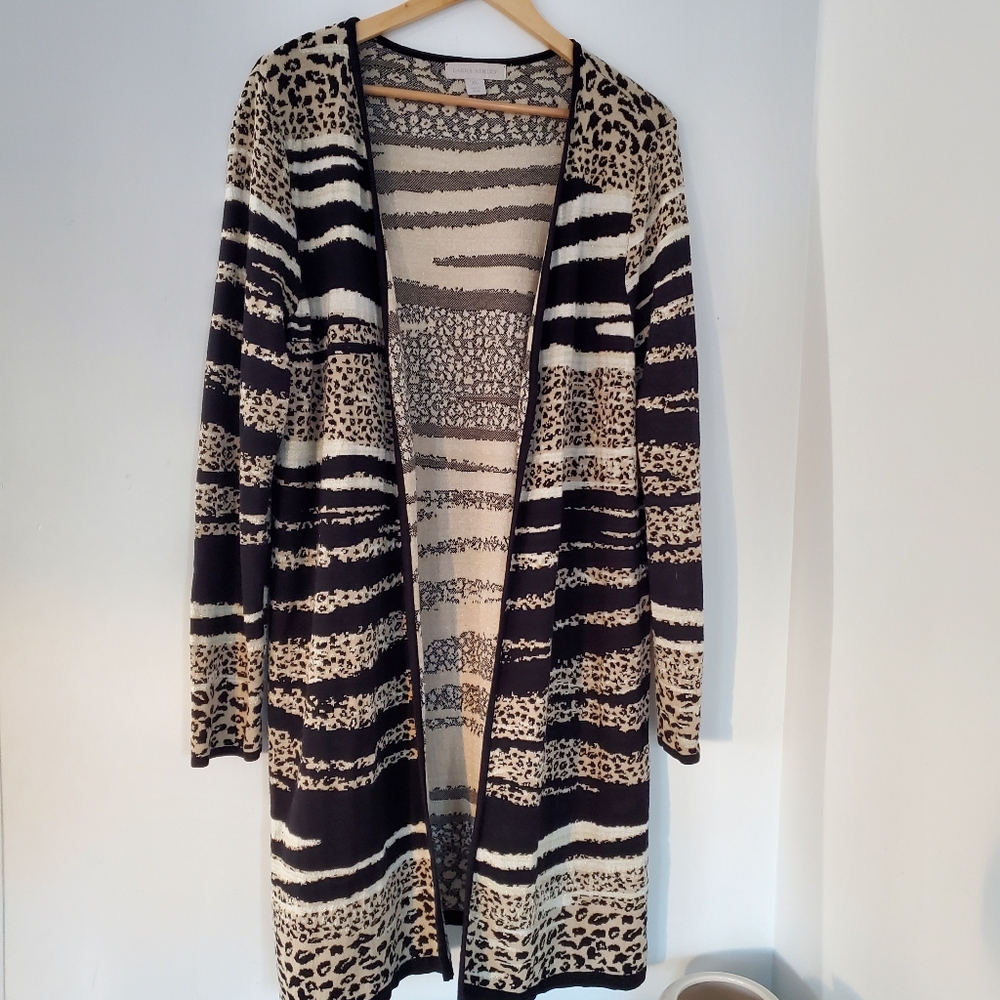 LAURA ASHLEY XL Cheetah Zebra Animal Knit LS Cardigan Sweater Open Style Duster